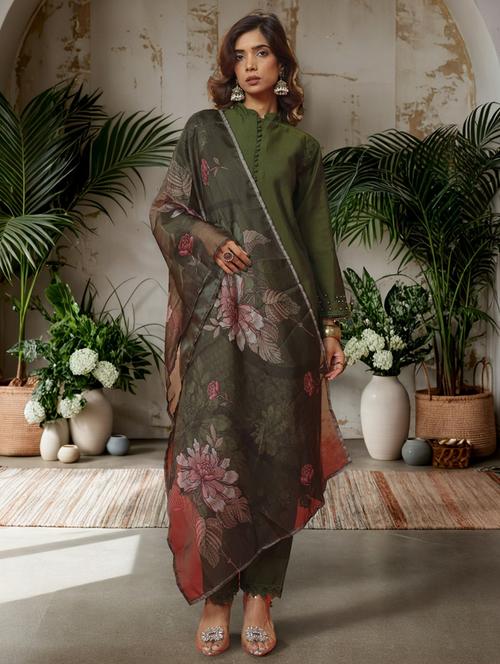 women solid with work long sleeve kurta pant set - 22282174 - Very Small Image - 1