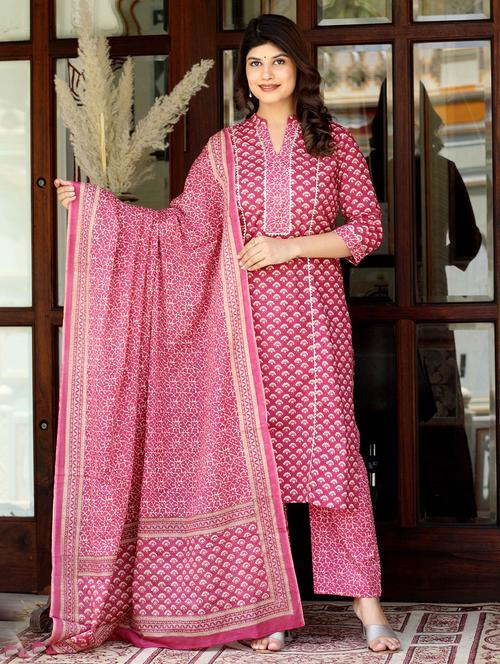 women printed three quarter sleeve kurta palazzo with dupatta set - 22285570 - Very Small Image - 1