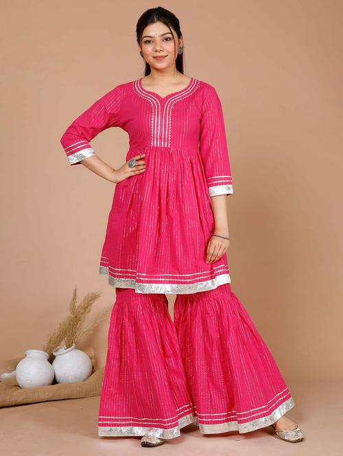 Women Striped Three Quarter Sleeve Kurta Sharara Set - 22285611 - Very Small Image - 1