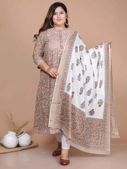 women plus size floral three quarter sleeve kurta with dupatta set - 22285652 - Very Small Image - 1