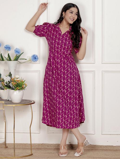women printed puff sleeve a-line dress - 22285733 - Very Small Image - 1