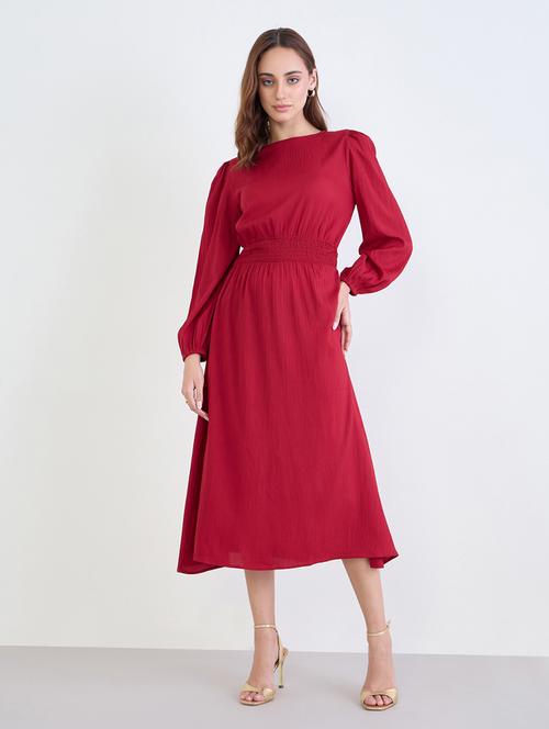 women solid puff sleeve a-line dress - 22285819 - Very Small Image - 1