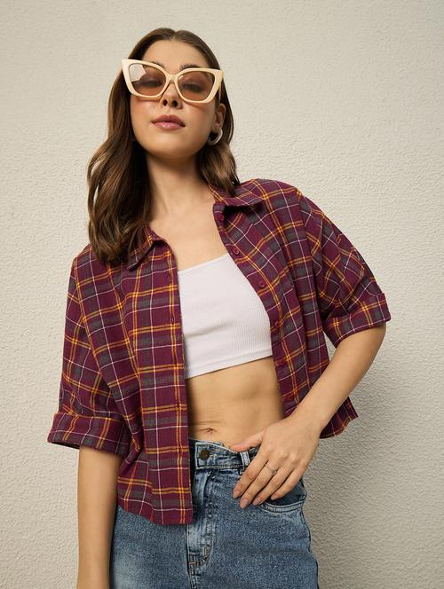 women checkered collared short sleeve crop shirt - 22286760 - Very Small Image - 1