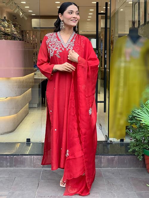 Women Solid With Work Three Quarter Sleeve Kurta Pant With Dupatta Set - 22288743 - Very Small Image - 1