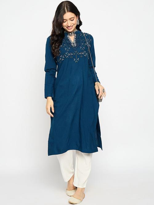 women solid with work long sleeve winter wear kurta  - 22291152 - Very Small Image - 1