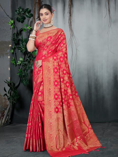 Women Self Design Banarasi Saree With Blouse - 22292570 - Very Small Image - 1