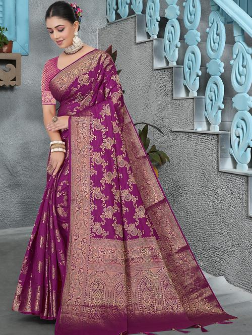 Women Self Design Banarasi Saree With Blouse - 22292577 - Very Small Image - 1