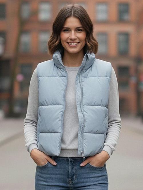 women solid stand collar sleeveless quilted jacket - 22292663 - Very Small Image - 1