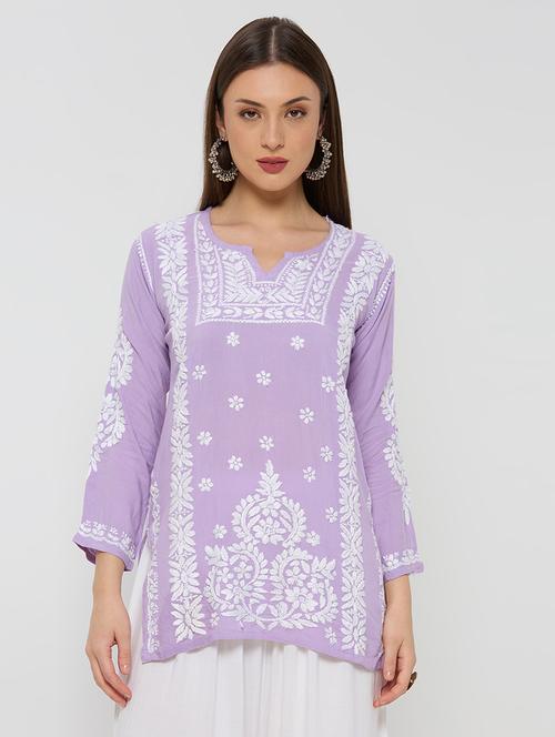 Women Solid With Work Three Quarter Sleeve Straight Kurti - 22292691 - Very Small Image - 1