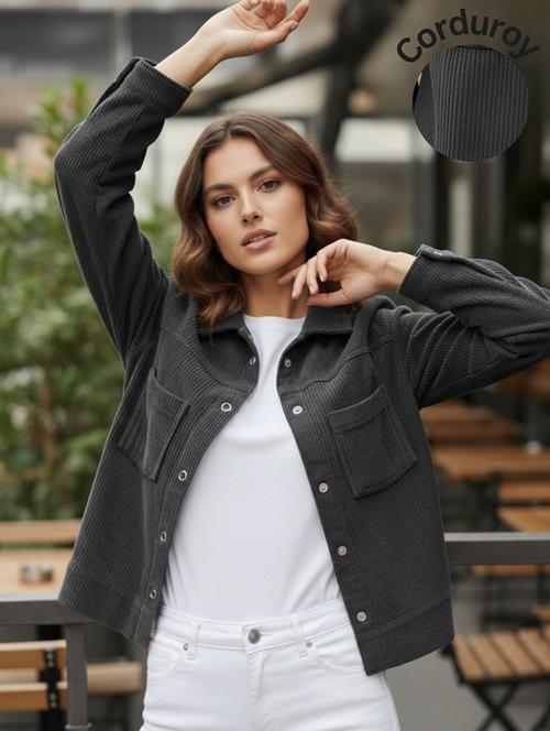 women solid collared long sleeve corduroy jacket - 22294265 - Very Small Image - 1