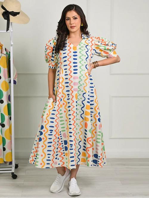 women printed puff sleeve a-line dress - 22295190 - Very Small Image - 1
