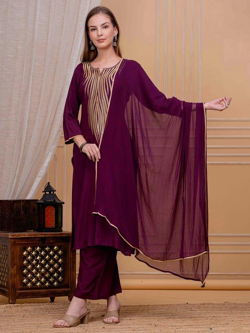 women solid with work three quarter sleeve kurta palazzo with dupatta set - 22295832 - Very Small Image - 1