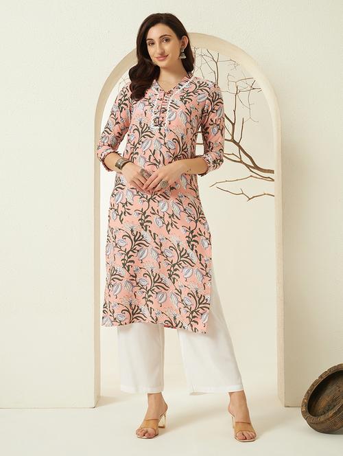 Women Floral Three Quarter Sleeve Kurta Palazzo Set - 22297396 - Very Small Image - 1