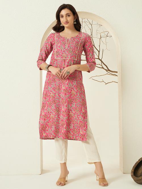 Women Floral Three Quarter Sleeve Kurta Pant Set - 22298378 - Very Small Image - 1