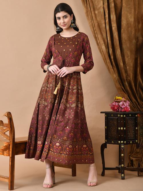 women printed three quarter sleeve ethnic dress - 22300338 - Very Small Image - 1