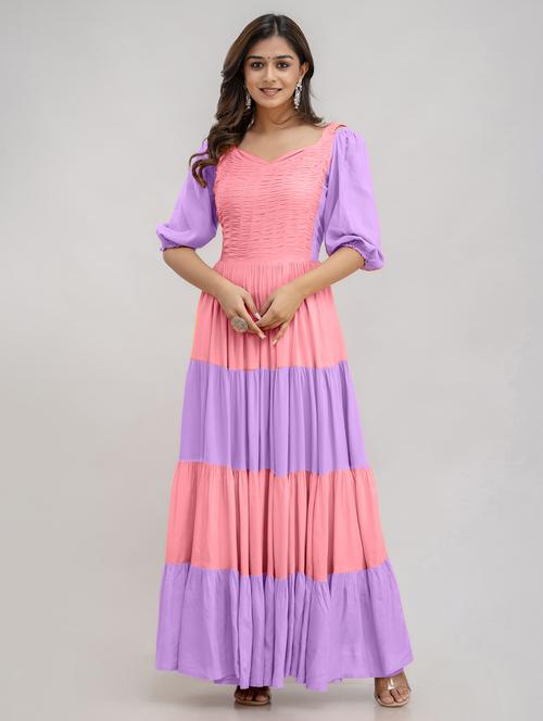 women color block puff sleeve tiered maxi dress - 22300342 - Very Small Image - 1