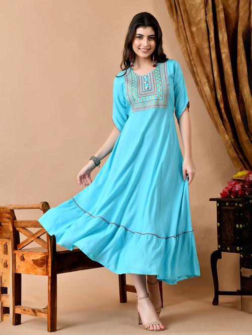 women solid with work three quarter sleeve ethnic dress - 22300357 - Very Small Image - 1