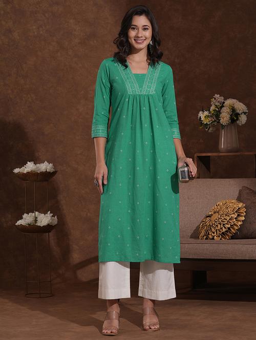 women self design three quarter sleeve a-line kurta - 22300522 - Very Small Image - 1