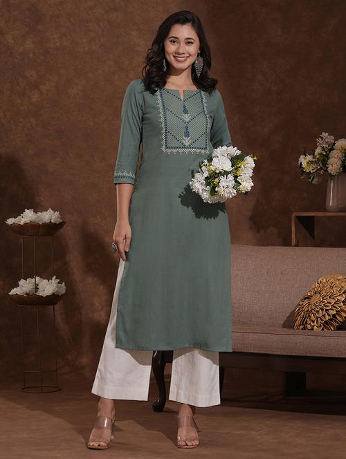 women self design three quarter sleeve straight kurta - 22300524 - Very Small Image - 1