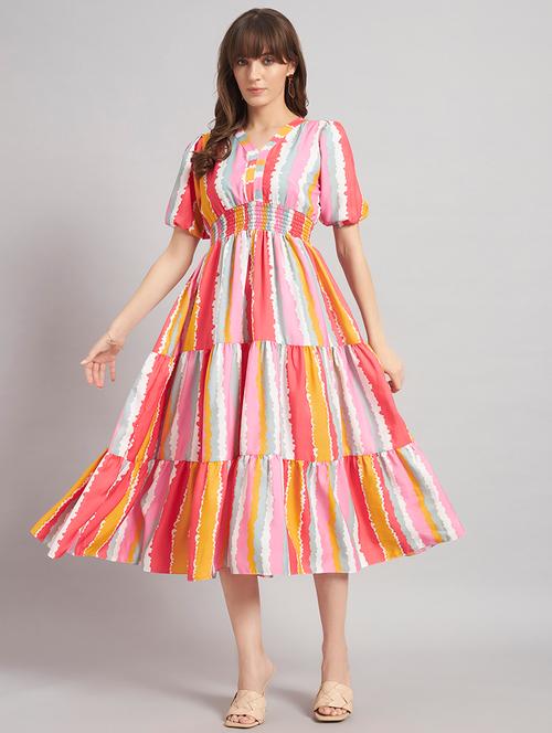 women striped puff sleeve tiered dress - 22308163 - Very Small Image - 1