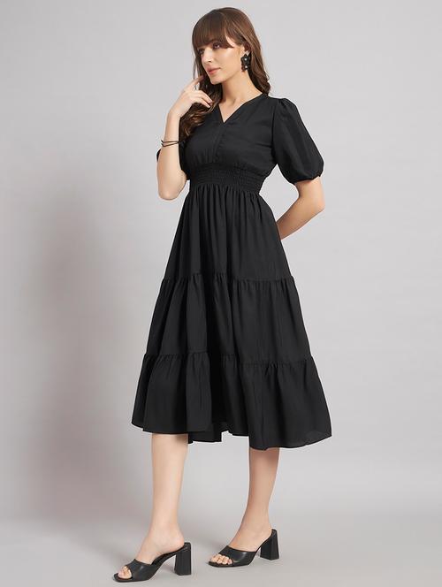 women solid puff sleeve tiered dress - 22308325 - Very Small Image - 1