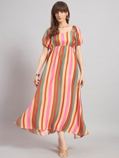 women striped puff sleeve a-line dress - 22308626 - Very Small Image - 1