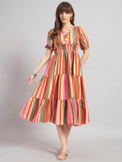 women striped puff sleeve tiered dress - 22308958 - Very Small Image - 1