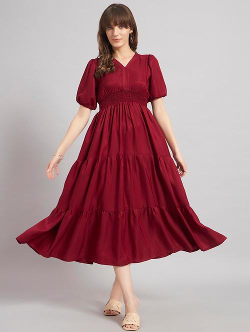 women solid puff sleeve tiered dress - 22308984 - Very Small Image - 1