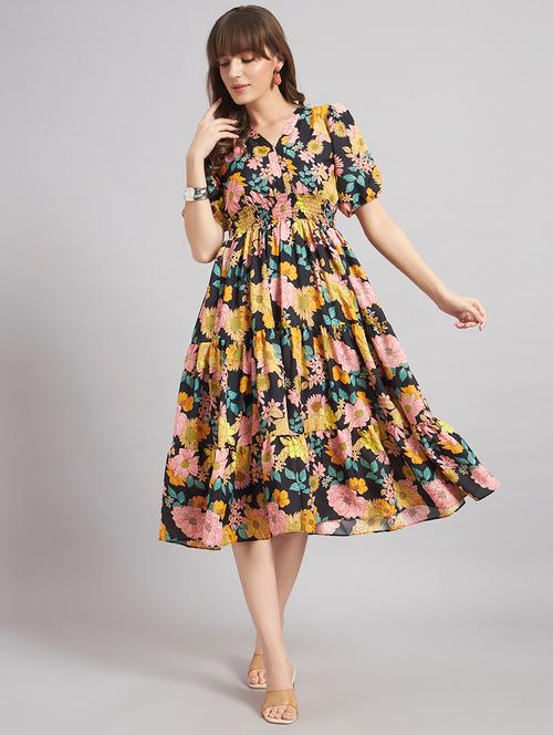 women floral print puff sleeve tiered dress - 22309729 - Very Small Image - 1