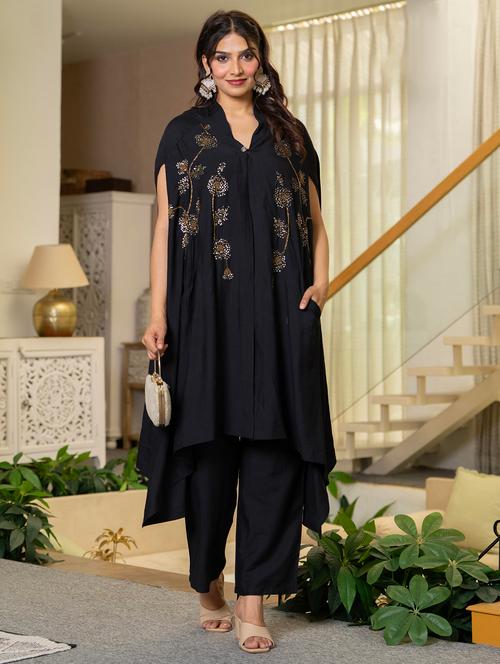 women solid with work kimono sleeve kurta pant set - 22316789 - Very Small Image - 1