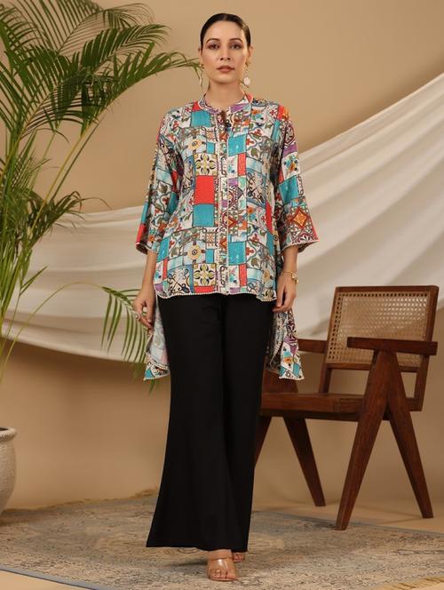 women printed three quarter sleeve high-low ethnic top - 22316825 - Very Small Image - 1