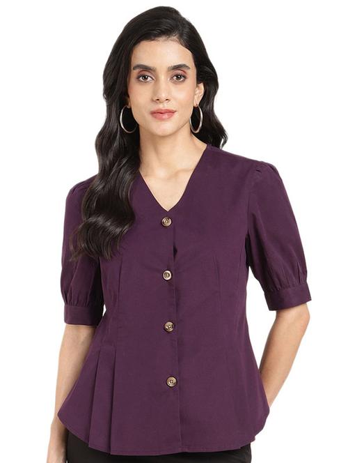 women solid v-neck puff sleeve shirt - 22320653 - Very Small Image - 1