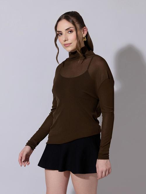 women solid long sleeve mesh asymmetric top - 22321900 - Very Small Image - 1