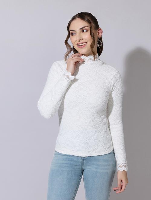 women solid long sleeve lace top - 22321901 - Very Small Image - 1