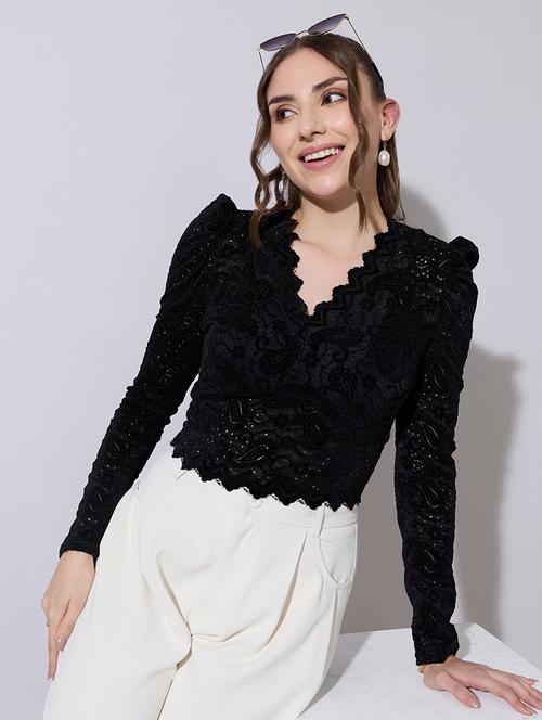 women solid puff sleeve lace crop top - 22321919 - Very Small Image - 1
