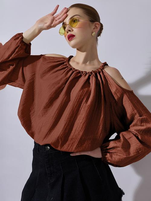 women solid cold shoulder blouson top - 22321920 - Very Small Image - 1