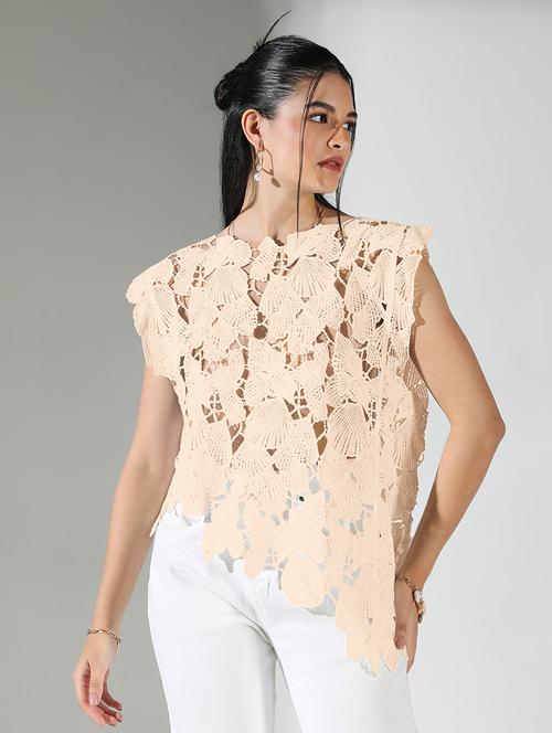 women self designed sleeveless crochet asymmetric top - 22321933 - Very Small Image - 1
