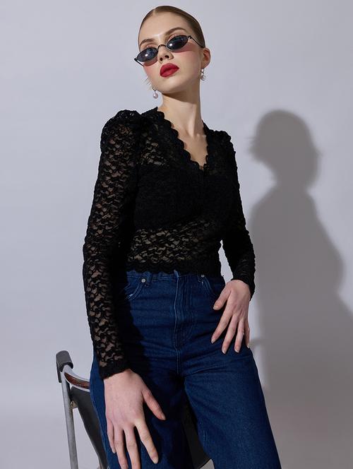 women self designed puff sleeve lace crop top - 22321953 - Very Small Image - 1