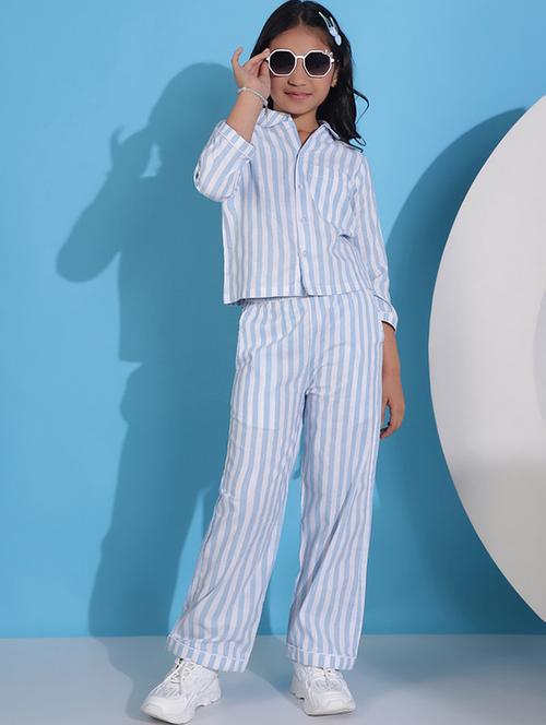 girls striped three quarter sleeve shirt & trouser co-ord set - 22329614 - Very Small Image - 1