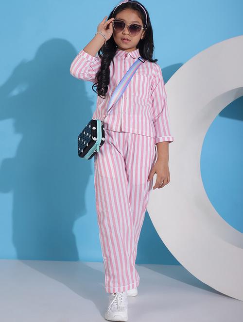 girls striped three quarter sleeve shirt & trouser co-ord set - 22329615 - Very Small Image - 1