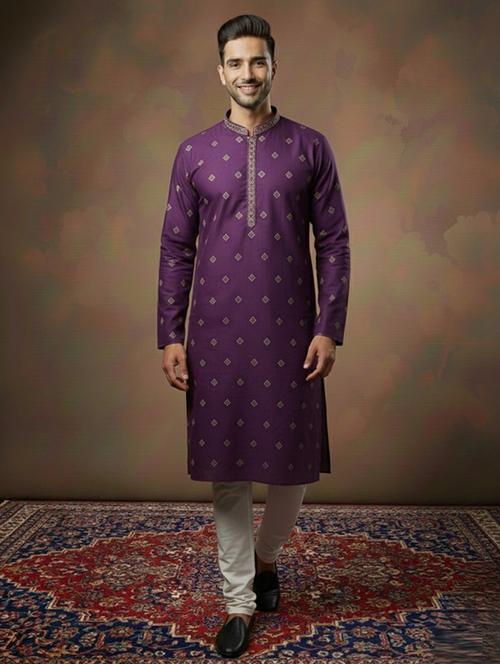 men solid with work mandarin neck long kurta - 22332192 - Very Small Image - 1