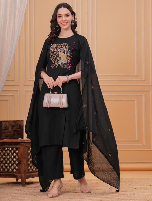 women solid with work round neck kurta pant with dupatta set - 22332258 - Very Small Image - 1
