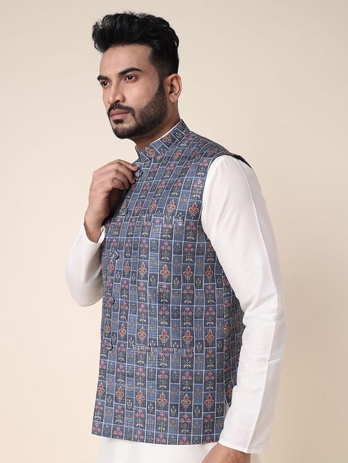 men printed mandarin neck regular fit nehru jacket - 22336101 - Very Small Image - 1