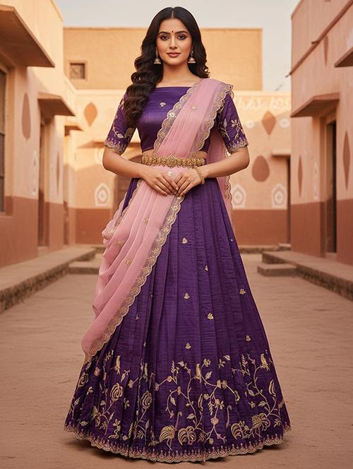 Women Solid With Work Unstitched Lehenga Choli Set - 22339506 - Very Small Image - 1
