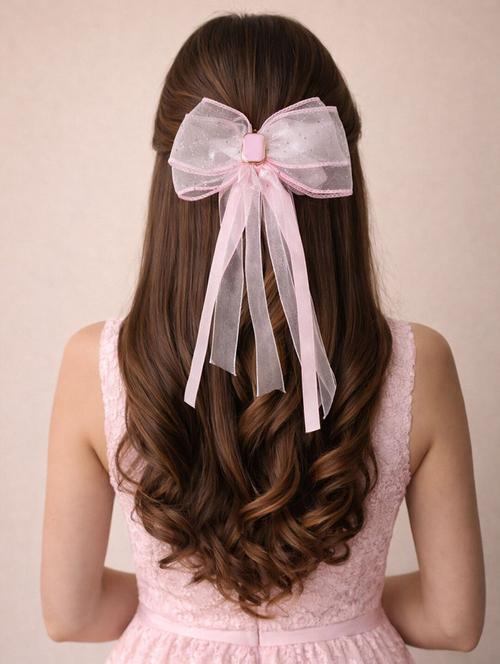 pink organza bow hair clip with long ribbons - 22346567 - Very Small Image - 1