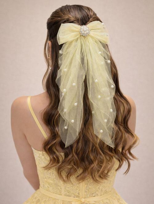 elegant yellow pearl net bow hair clip for women - 22346571 - Very Small Image - 1
