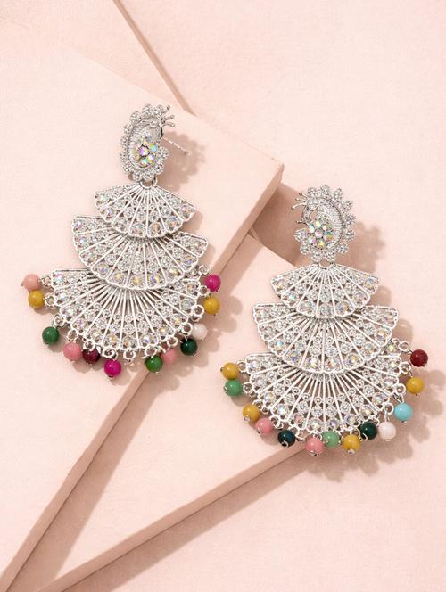 Oxidised Silver Multi-layer Fan Design Statement Earrings With Multicolour Beads For Women - 22346599 - Very Small Image - 1