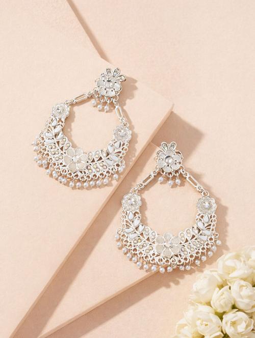 Elegant Silver-tone Pearl Drop Chandbali Earrings For Women - 22346606 - Very Small Image - 1