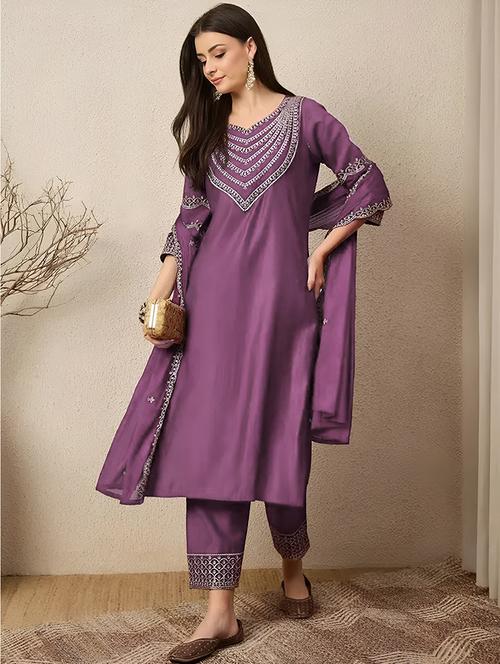 women solid with work three quarter sleeve kurta pant with dupatta set - 22354331 - Very Small Image - 1