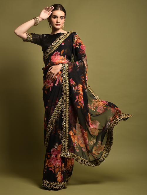 women floral printed bordered saree with blouse - 22361881 - Very Small Image - 1